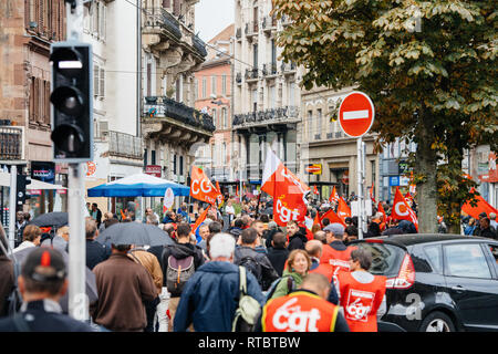 STRASBOURG, FRANCE - SEPT 12, 2017: Large crowd of French people at French Nationwide day of protest against the labor reform proposed by Emmanuel Macron Government Stock Photo