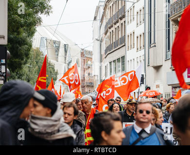 STRASBOURG, FRANCE - SEPT 12, 2017: Full streets with French people at French Nationwide day of protest against the labor reform proposed by Emmanuel Macron Government Stock Photo