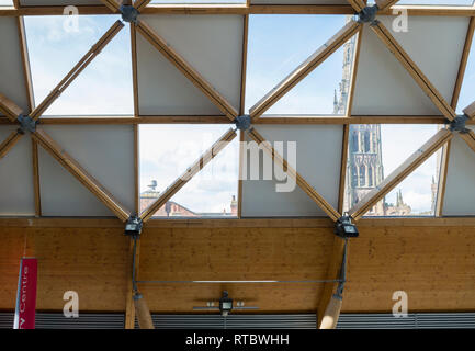 Herbert Art Gallery and Museum interior showing the geodesic timber and glass roof with the old cathedral in the background, Coventry UK. Stock Photo