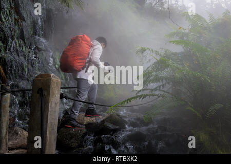 A man is crossing the path of a hot spring stream in the Gunung Gede Pangrango forest Stock Photo