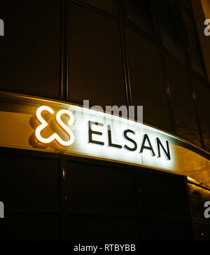 STRASBOURG, FRANCE - NOV 21, 2017: Elsan neon logotype at night at Orangerie Hospital in Strasbourg. ELSAN group is a leading healthcare provider in France Stock Photo