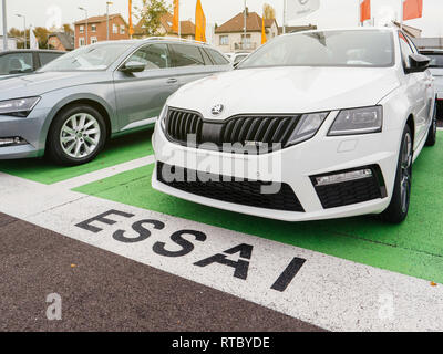 PARIS, FRANCE - NOV 7, 2017: Essai text translated as Test Drive cars with Skoda Superb and Octavia cars made by Volkswagen at the car dealership garage Stock Photo