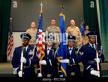 Reserve Citizen Airmen 507th Air Refueling Wing Honor Guard post the colors during the 72nd Aerial Port Squadron change of command ceremony at Tinker Air Force Base, Oklahoma. Stock Photo