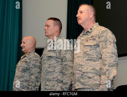 Reserve Citizen Airmen of the 72nd Aerial Port Squadron at Tinker Air Force Base, Oklahoma, welcome their new commander, Lt. Col. Darryl McLean, Feb. 10, 2019, during a change of command ceremony. Stock Photo