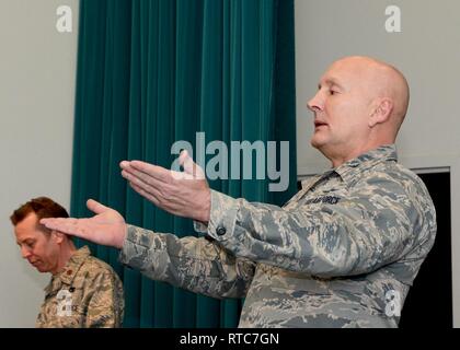 Reserve Citizen Airmen of the 72nd Aerial Port Squadron at Tinker Air Force Base, Oklahoma, welcome their new commander, Lt. Col. Darryl McLean, Feb. 10, 2019, during a change of command ceremony. Stock Photo