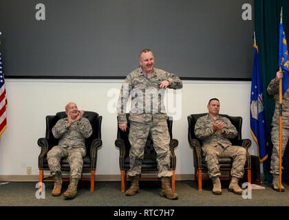 Reserve Citizen Airmen of the 72nd Aerial Port Squadron welcome their new commander, Lt. Col. Darryl McLean, Feb. 10, 2019, during a change of command ceremony at Tinker Air Force Base, Oklahoma. Stock Photo