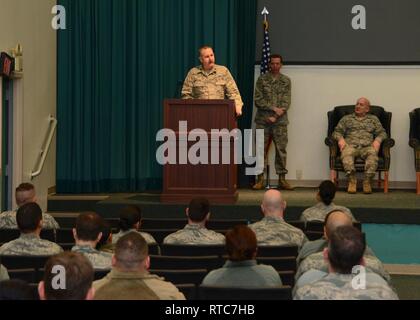 Reserve Citizen Airmen of the 72nd Aerial Port Squadron welcome their new commander, Lt. Col. Darryl McLean, Feb. 10, 2019, during a change of command ceremony at Tinker Air Force Base, Oklahoma. Stock Photo