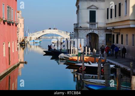Chioggia, Italy - 09 February, 2019: View of a canal of the famous Venetian tourist town, known as Little Venice Stock Photo