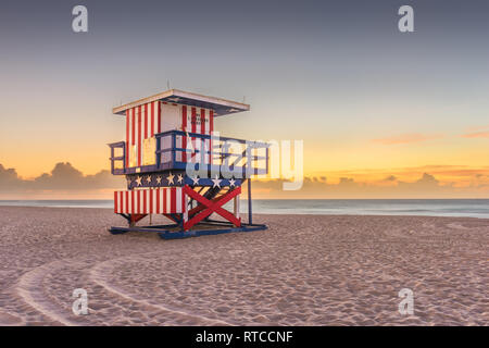 Miami Beach, Florida, USA sunrise and life guard tower. Stock Photo
