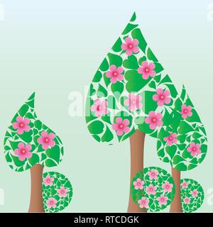 Trees made from flovers, and leaves, spring or summer background, vector illustration Stock Vector