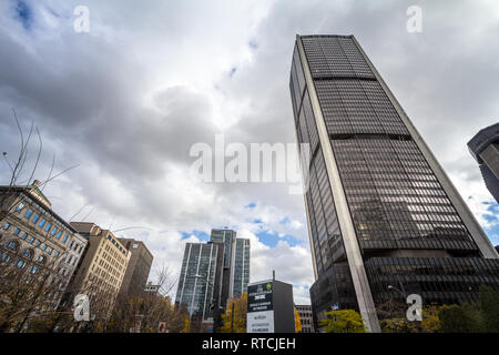 MONTREAL, CANADA - NOVEMBER 7, 2018: Tour de la Bourse skyscraper on the Quartier International District of Montreal, one of the main landmarks and fi Stock Photo