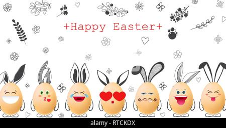 Realistic eggs with emoticons and with painted elements. Vector illustration Stock Vector