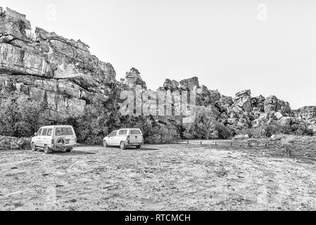 TRUITJIESKRAAL, SOUTH AFRICA, AUGUST 24, 2018: Parking area 1 at Truitjieskraal in the Cederberg Mountains of the Western Cape Province. Vehicles are  Stock Photo