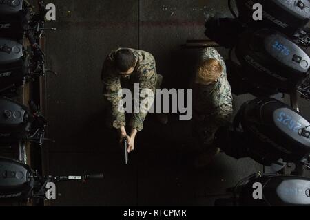 Lance Cpl. Andrew Foss, a rifleman with Alpha Company, Battalion Landing Team, 1st Battalion, 4th Marines, the “China Marines,” simulates firing an M9A1 9 mm service pistol under the supervision of Cpl. Austin Pryor, a rifleman, aboard the dock landing ship USS Ashland (LSD 48), East China Sea, Feb. 14, 2019. Foss, a native of Milwaukee, Wisconsin, graduated from Riverside University in June 2017 before enlisting later that month. Pryor, a native of Greenville, Indiana, graduated from Floyd Central High School in May 2015 before enlisting in June 2015. Alpha Company Marines are the small boat  Stock Photo