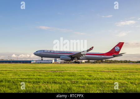 The aircraft is landing. Airbus A330-300. Official summer spotting at Pulkovo Airport on August 15, 2018, Russia, St. Petersburg, Pulkovo Stock Photo