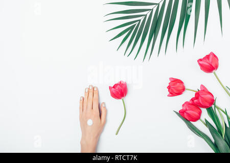 Flat lay arrangement of woman's hands with drop of cosmetic cream holding flower near palm leaf and bouquet of pink tulips on white table, top view. Stock Photo