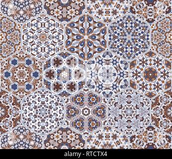 Eastern seamless pattern tiles. Colorful vector set of hexagonal elements for design of wallpaper, fabric or wrapping paper. Stock Vector