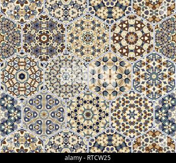Seamless hexagonal mosaic tiles in vector set. Oriental and ethnic motifs in design patterns. Stock Vector