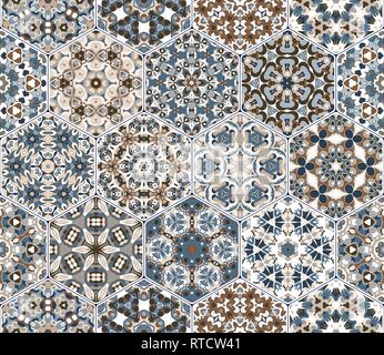 Seamless hexagonal mosaic tiles in vector set. Oriental and ethnic motifs in design patterns. Stock Vector