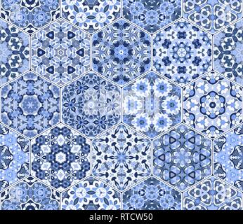 A rich set of blue hexagonal ceramic tiles. Colorful elements in oriental style. Vector illustration. Stock Vector