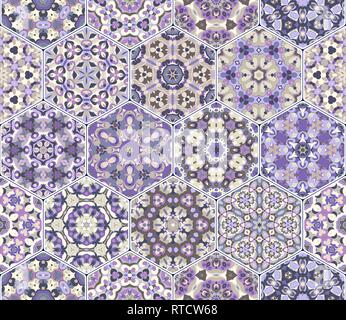 A rich set of lilac hexagonal ceramic tiles. Colorful elements in oriental style. Vector illustration. Stock Vector
