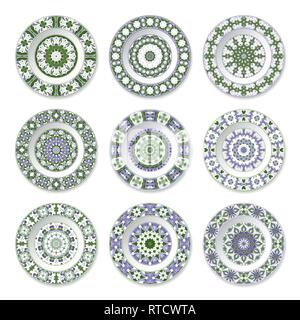 Set of nine decorative plates with a circular colored pattern, top view. White background. Vector illustration. Stock Vector