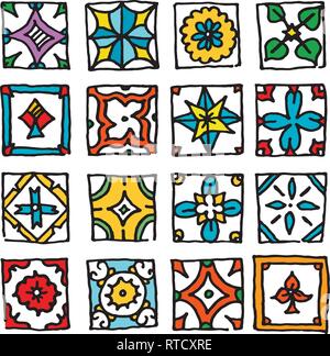 Set of grunge tiles. Vintage Islam, Arabic, Indian, ottoman decorative design elements. Patchwork handdrawn motifs. Vector collection Stock Vector
