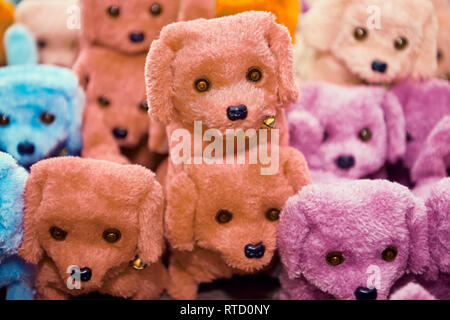 Group of small cute asian stuffed toy dogs in different colors, with bells around the neck, standing on a shelf in a toy shop in Manila, Philippines Stock Photo