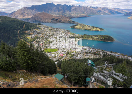 Queenstown and Lake Wakatipu from the restaurant on Ben Lomond mountain Skyline gondola.The Remarkables in background. New Zealand South Island
