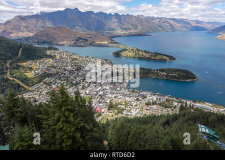 Queenstown and Lake Wakatipu from the restaurant on Ben Lomond mountain Skyline gondola.The Remarkables in background. New Zealand South Island