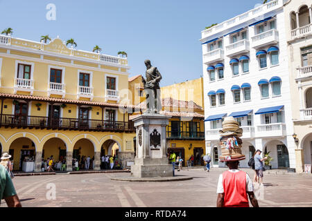 Cartagena Colombia,Hispanic resident residents,Plaza de los Coches,public square,statue sculpture,city founder,Don Pedro de Heredia,Spanish conquistad Stock Photo