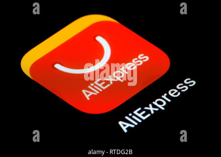 A close-up shot of the AliExpress app icon, as seen on the screen of a smart phone (Editorial use only) Stock Photo