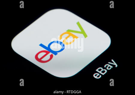 A close-up shot of the Ebay app icon, as seen on the screen of a smart phone (Editorial use only) Stock Photo
