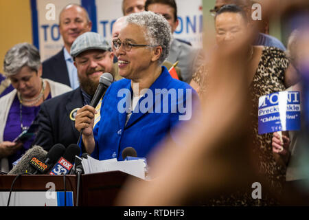 Cook County Board President Toni Preckwinkle announcing her run for mayor of Chicago on 9/20/18 in the same south side hotel conference room that Harold Washington announced his mayoral bid in 1982. In the February 26, 2019 election, Preckwinkle became one of the two top finishers in the 14 candidate race and will face Lori Lightfoot in the upcoming April 2nd runoff