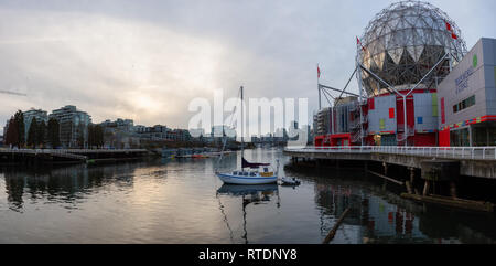 Downtown Vancouver, British Columbia, Canada - November 29, 2018: Panoramic view of the city in False Creek during a vibrant sunset. Stock Photo