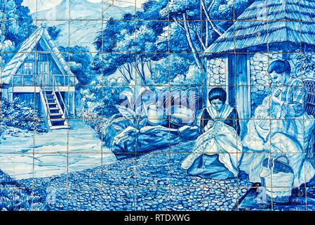 Two women embroidering, historical azulejos, painted ceramic tiles, tiles, funchal, Madeira Island, Portugal Stock Photo