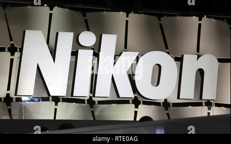 Yokohama, Japan. 28th Feb, 2019. Logo of Japanese camera maker Nikon is displayed at the 'CP ' camera and photo exhibition in Yokohama, suburban Tokyo on Thursday, February 28, 2019. Some 70,000 camera fans are expecting to visit a four-day exhibition. Credit: Yoshio Tsunoda/AFLO/Alamy Live News Stock Photo