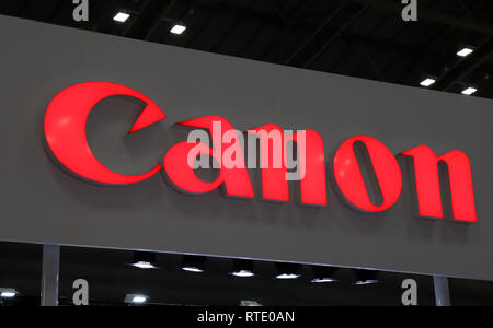 Yokohama, Japan. 28th Feb, 2019. Logo of Japanese camera maker Canon is displayed at the 'CP ' camera and photo exhibition in Yokohama, suburban Tokyo on Thursday, February 28, 2019. Some 70,000 camera fans are expecting to visit a four-day exhibition. Credit: Yoshio Tsunoda/AFLO/Alamy Live News Stock Photo