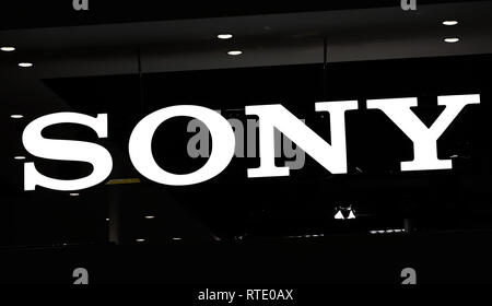 Yokohama, Japan. 28th Feb, 2019. Logo of Japanese electronics maker Sony is displayed at the 'CP ' camera and photo exhibition in Yokohama, suburban Tokyo on Thursday, February 28, 2019. Some 70,000 camera fans are expecting to visit a four-day exhibition. Credit: Yoshio Tsunoda/AFLO/Alamy Live News Stock Photo