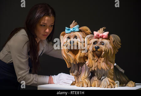 Sotheby's, New Bond Street, London, UK. 1st Mar, 2019. Contemporary Art sale preview. Image: Jeff Koons. Yorkshire Terriers. Estimate £600,000-800,000. The sale takes place on 5 March 2019. Credit: Malcolm Park/Alamy Live News Stock Photo