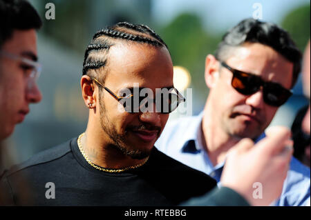 Barcelona, Spain. 01st March, 2019. Circuit de Barcelona-Catalunya, Barcelona, Spain. 1st Mar, 2019. Formula One Testing Day 8; Lewis Hamilton of the Mercedes Team meets the fans at the paddock during the winter test at the circuit of Catalunya Credit: Action Plus Sports/Alamy Live News Stock Photo