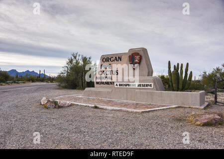 Entrance sign at Organ Pipe Cactus National Monument, south of Ajo, Arizona on Highway 85 Stock Photo