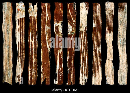 brown wooden surface with shriveled paint layer, real texture of old plank Stock Photo