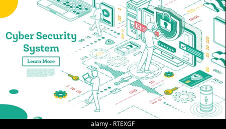 Outline Cyber Security Concept. Isometric Illustration Isolated on White. Data Protection Concept. Credit Card Check and Software Access Data. Stock Vector