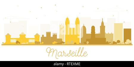 Marseille France City Skyline Silhouette with Golden Buildings. Vector Illustration. Simple Flat Concept for Tourism Presentation, Placard. Stock Vector