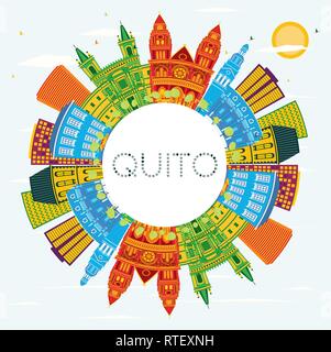 Quito Ecuador City Skyline with Color Buildings, Blue Sky and Copy Space. Vector Illustration. Stock Vector