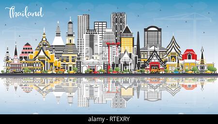 Thailand City Skyline with Color Buildings, Blue Sky and Reflections. Vector Illustration. Tourism Concept with Historic Architecture. Stock Vector