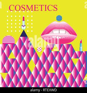 Bright color poster advertising with lips fashion cosmetics retro style. Design for shops, websites or business cards. Stock Vector