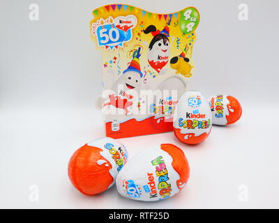Kinder Surprise Chocolate Eggs. Kinder Surprise is a brand of products made in Italy by Ferrero Stock Photo