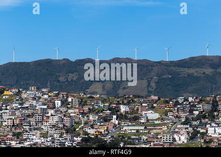 Wind power generation towers on the Villonaco hill in the city of Loja Stock Photo